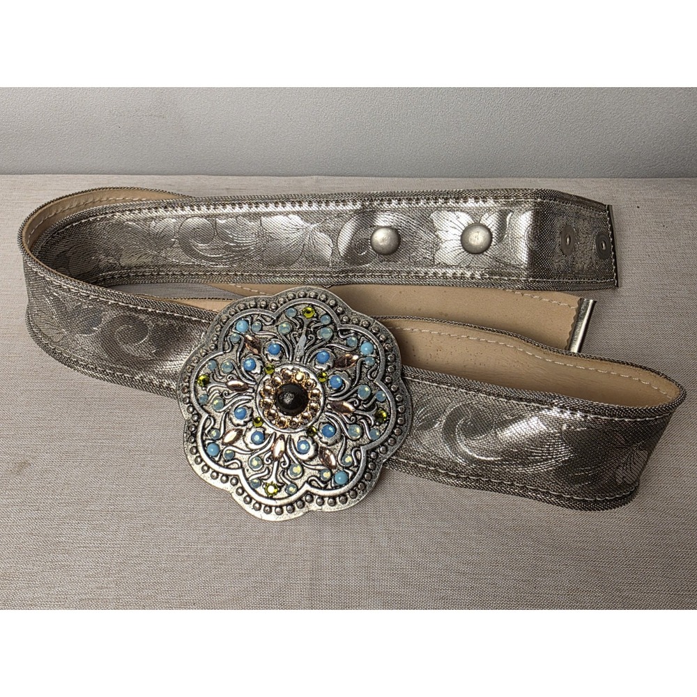 LEATHEROCK Womens Silver Metallic Belt Teal Embellished Buckle